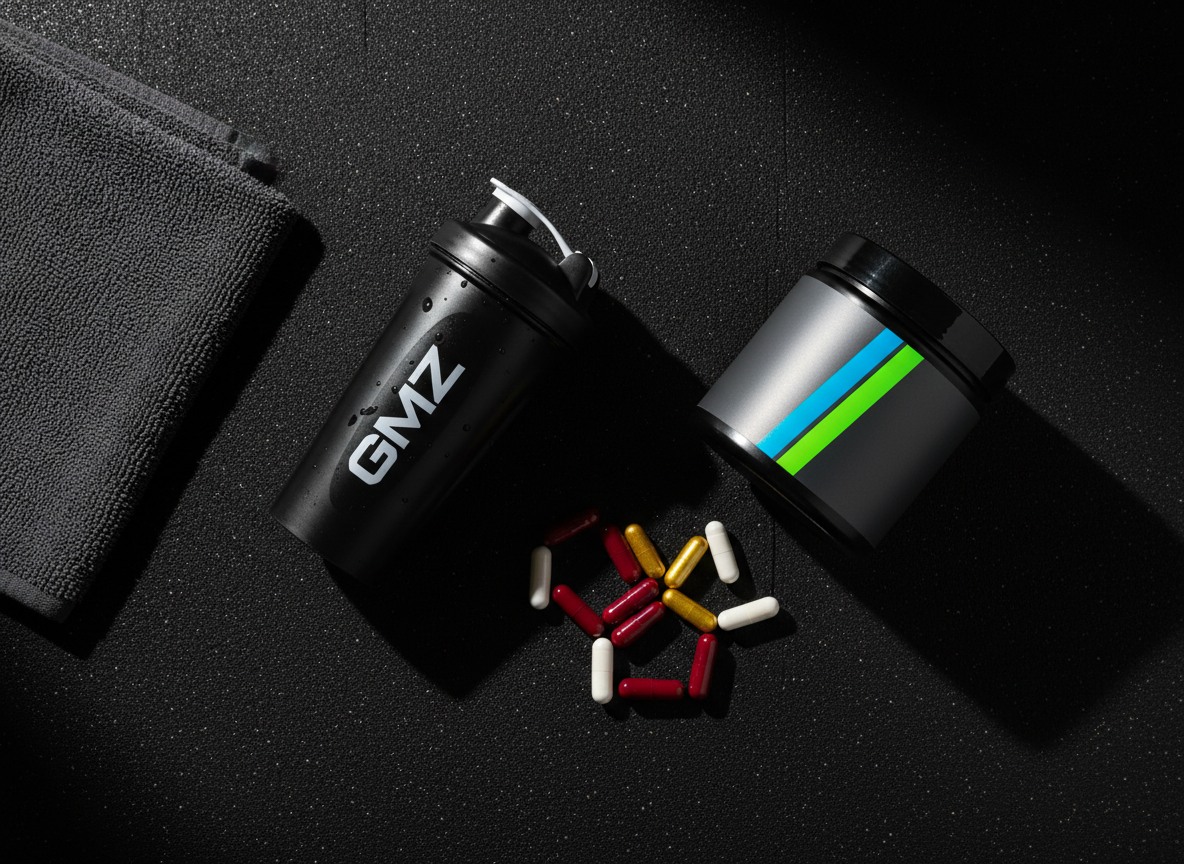 A dynamic overhead photographic view of a high-performance workout setup on a dark rubber gym floor: a GMZ-branded matte-black shaker bottle laying on its side with a small bead of condensation, a pre-workout tub with a vivid neon accent stripe, and precisely arranged capsules in red, gold, and white forming a geometric pattern. A folded, textured microfiber towel in deep charcoal frames one edge of the composition. A strong, directional top light creates crisp, assertive shadows from each object, enhancing textures and contours. The overall color palette is dark and intense with striking color pops, evoking a bold, energetic, no-nonsense atmosphere that reflects serious training, clear structure, and exceptional value in supplements.