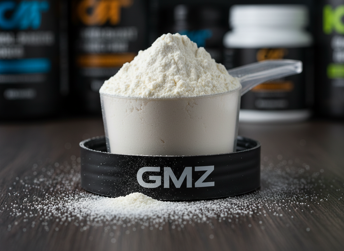 A close-up photographic shot of a transparent, heavy-glass scoop overflowing with ultra-fine vanilla protein powder, perched on the edge of a sturdy black GMZ-branded container lid. Individual powder granules are visible, forming soft peaks and subtle ridges. The scene is set on a dark wooden surface with a few scattered, deliberate powder particles adding texture. Cool, diffused studio lighting from the left creates gentle highlights on the glass edges and soft, natural shadows in the powder. The background is intentionally out of focus, with blurred hints of other supplement containers to suggest a complete product lineup. The mood is bold yet precise, emphasizing purity, quality, and meticulous structure in a clean, modern, photographic realism style.