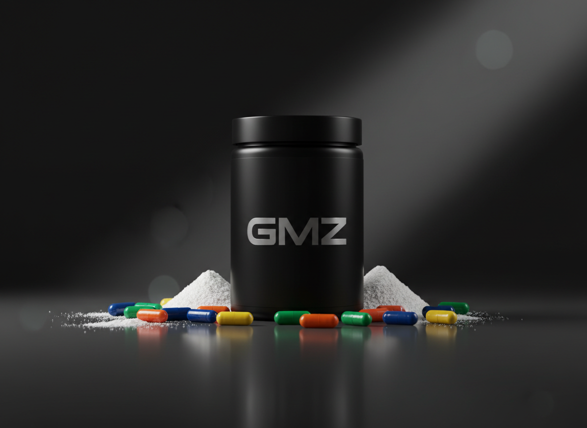 A bold, matte-black cylindrical supplement container with the GMZ logo in metallic silver, standing front and center on a sleek, reflective graphite surface. Around it, several vibrant-colored capsules and glossy protein scoop mounds are neatly arranged, emphasizing variety and value. The background fades into a dark charcoal gradient, with a powerful diagonal beam of cool white studio light cutting across, creating sharp highlights and dramatic shadows. Shot at eye level with a shallow depth of field, the container is in razor-sharp focus while the background melts into soft bokeh. The photographic realism and high contrast lighting create a strong, confident, and modern atmosphere that communicates premium quality and an excellent, professional product structure.