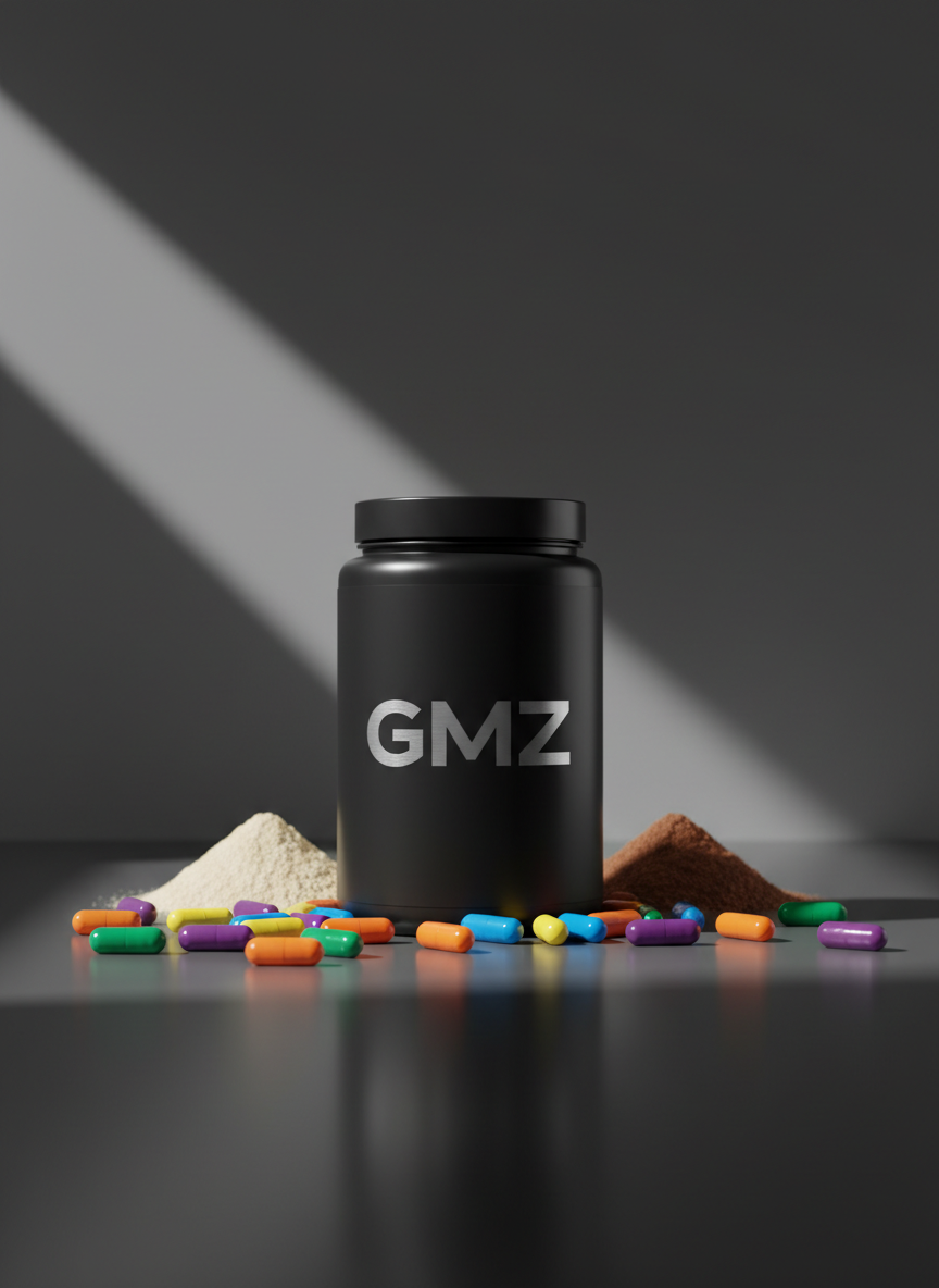 A bold, matte-black cylindrical supplement container with the GMZ logo in metallic silver, standing front and center on a sleek, reflective graphite surface. Around it, several vibrant-colored capsules and glossy protein scoop mounds are neatly arranged, emphasizing variety and value. The background fades into a dark charcoal gradient, with a powerful diagonal beam of cool white studio light cutting across, creating sharp highlights and dramatic shadows. Shot at eye level with a shallow depth of field, the container is in razor-sharp focus while the background melts into soft bokeh. The photographic realism and high contrast lighting create a strong, confident, and modern atmosphere that communicates premium quality and an excellent, professional product structure.