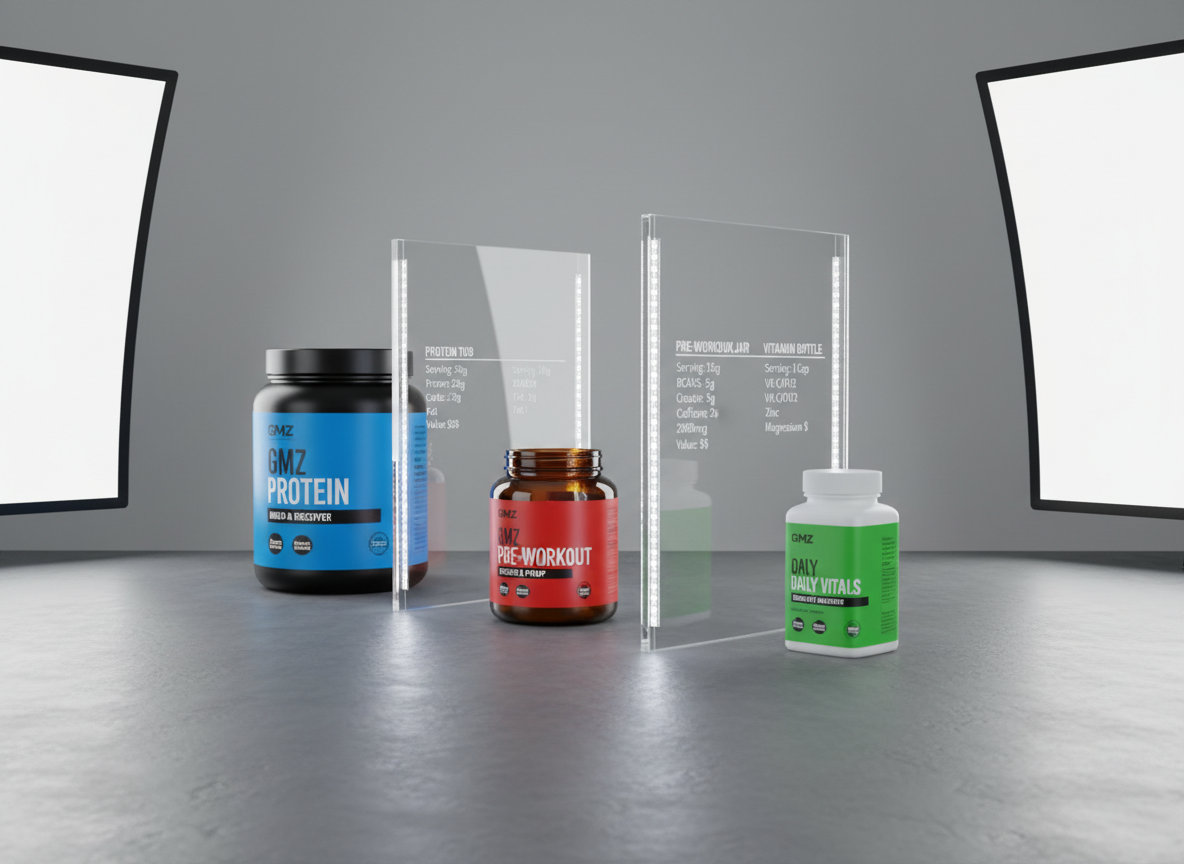 A meticulously designed supplement comparison layout on a smooth slate-gray surface, featuring three different GMZ-branded containers: a tall protein tub, a compact pre-workout jar, and a slim vitamin bottle, each with distinct label colors and typography. Between them, sleek, transparent acrylic dividers hold printed nutrient metrics and value highlights, subtly glowing with embedded LED strips. Cool white studio lighting from both sides creates balanced illumination and crisp reflections on the acrylic, with precise, controlled shadows. Shot from a slightly elevated angle, the composition follows a clean grid structure, reinforcing the idea of clear, logical product organization and excellent value structure. The photographic realism and minimal, ultra-modern aesthetic emphasize professionalism, transparency, and bold confidence in the GMZ supplement lineup.