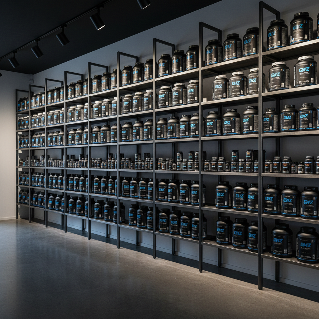 An organized, wall-to-wall shelving system filled with neatly aligned supplement tubs, shaker bottles, and vitamin bottles in coordinated black, white, and electric blue labels, each branded with the GMZ logo. The shelving is built from dark brushed metal with clean geometric lines, set in a minimalist, industrial-style room with polished concrete flooring. Overhead track lights cast focused, bright pools of light on select products, creating confident highlights and crisp shadows. Photographic realism captures every label detail and texture, from matte containers to glossy foil accents. Shot from a wide-angle perspective at slightly below eye level, the composition emphasizes abundance, structure, and value, conveying a sense of a well-curated, high-performance supplement store.