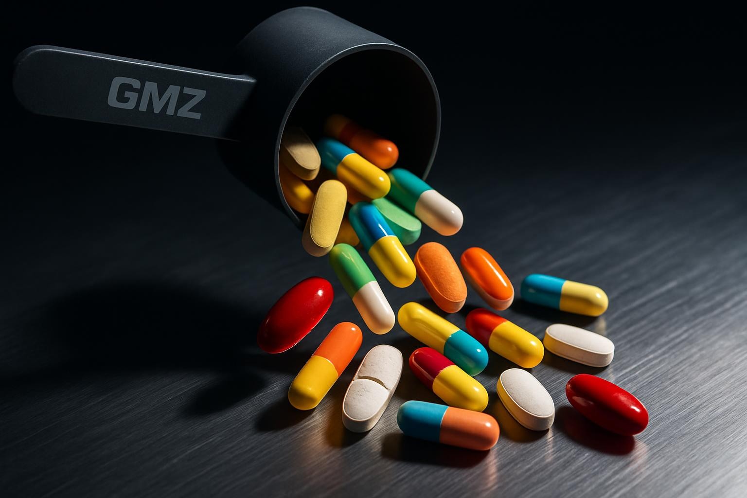 A close, dramatic photographic shot of a GMZ-branded matte-black scoop mid-pour, releasing a cascade of brightly colored capsules and tablets onto a brushed stainless steel surface. Each pill is distinct in shape, color, and coating, from glossy red softgels to textured white tablets, creating a vibrant contrast against the cool metallic background. A strong side light from the right produces elongated, crisp shadows and brilliant highlights along pill edges, giving an energetic, high-impact look. The background is a deep, out-of-focus gradient that fades into near-black, keeping attention locked on the action. The mood is bold, dynamic, and powerful, highlighting variety, potency, and the structured precision behind GMZ’s supplement formulations.